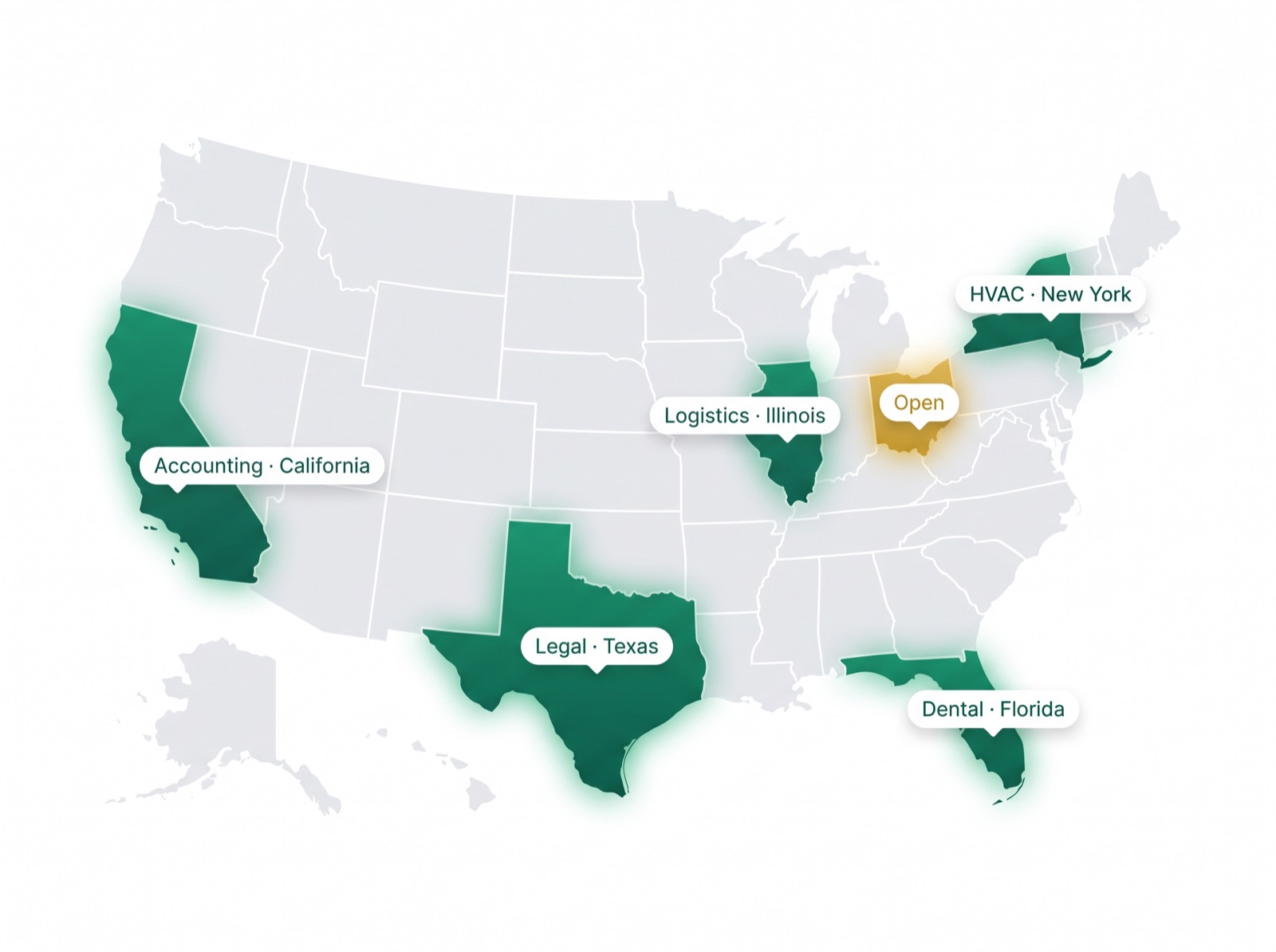 US map with example territories by industry and state